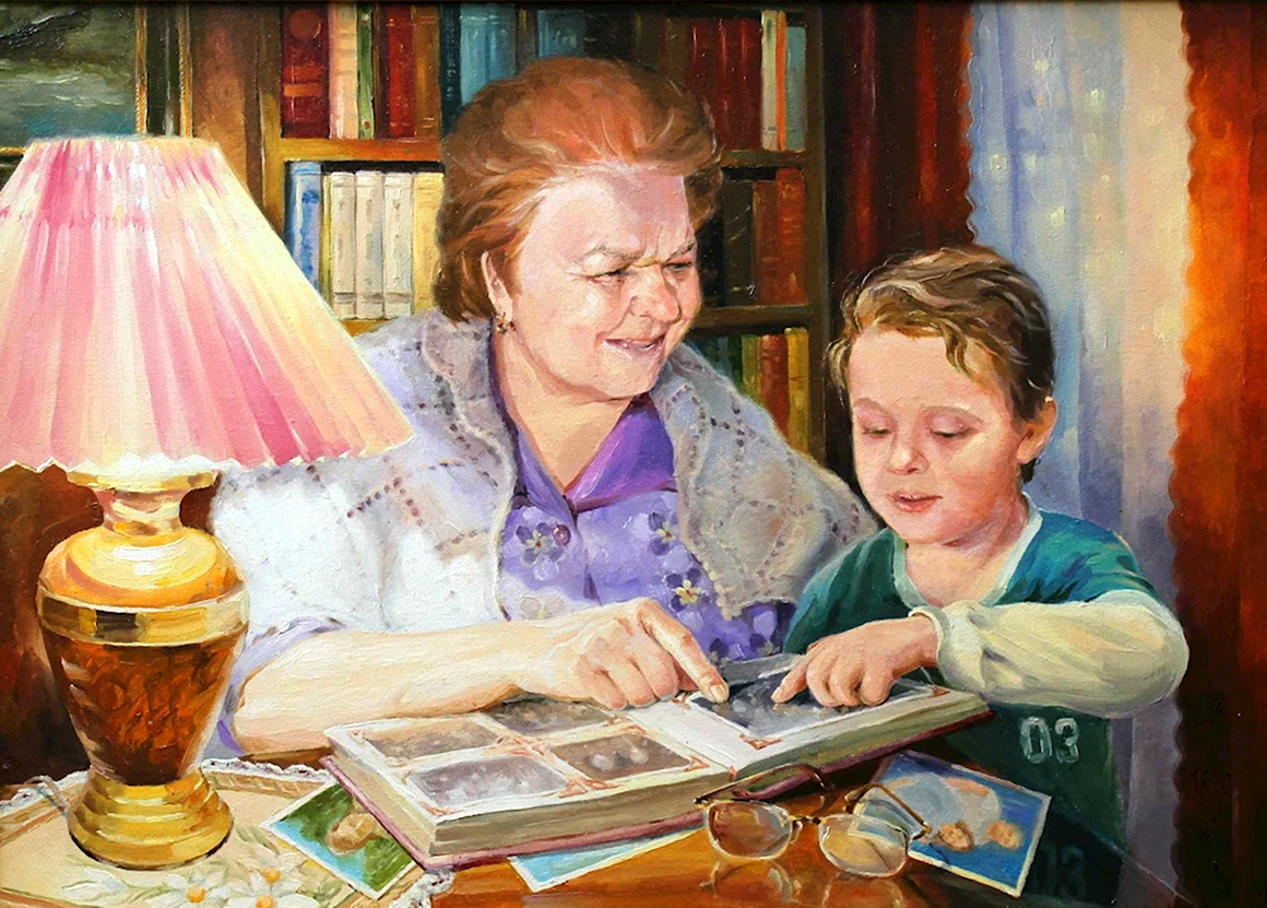 Бабушка с внуками живопись