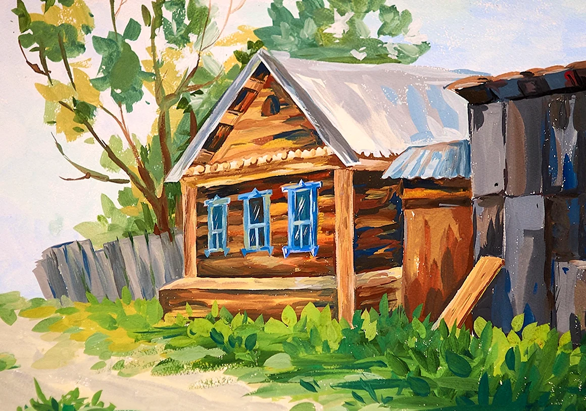 Деревенский домик гуашью