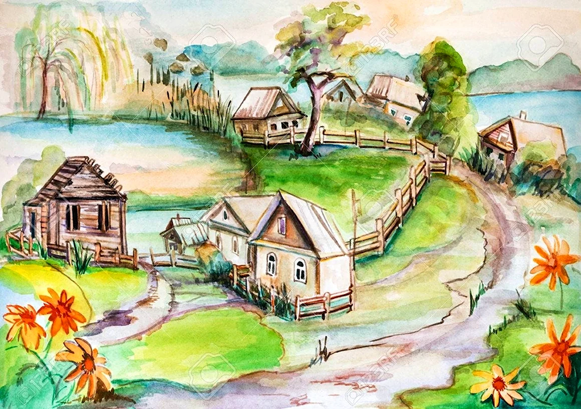 Деревня рисунок детский карандашом