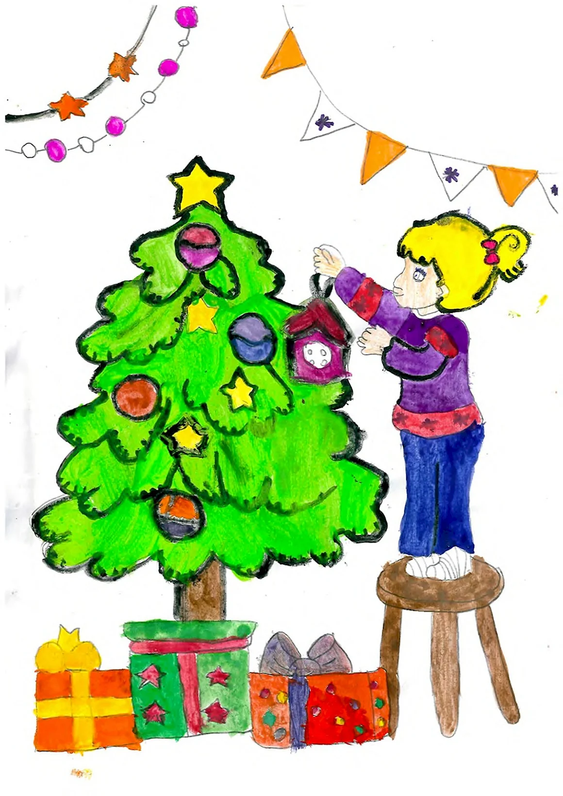Детский рисунок елки на новый год