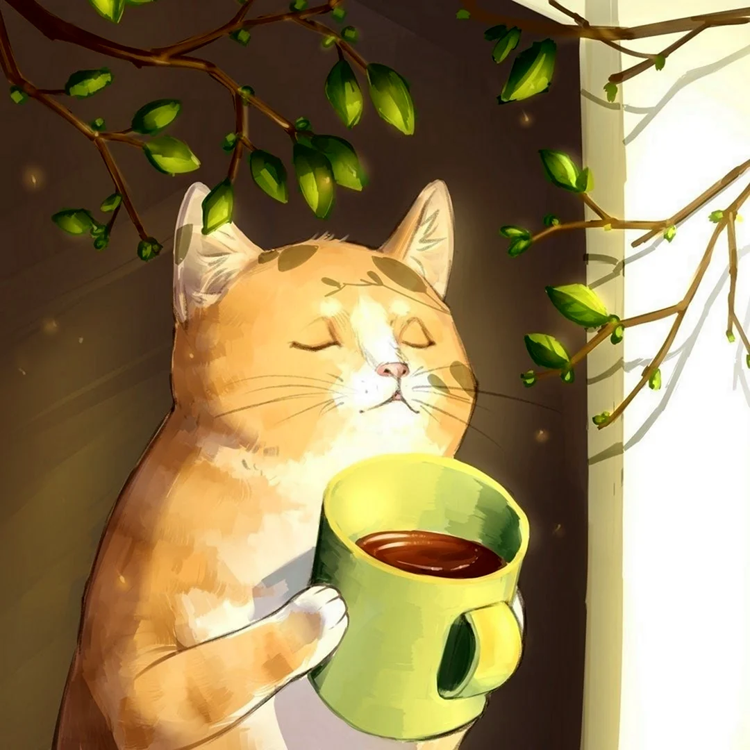 Кот с чашкой чая