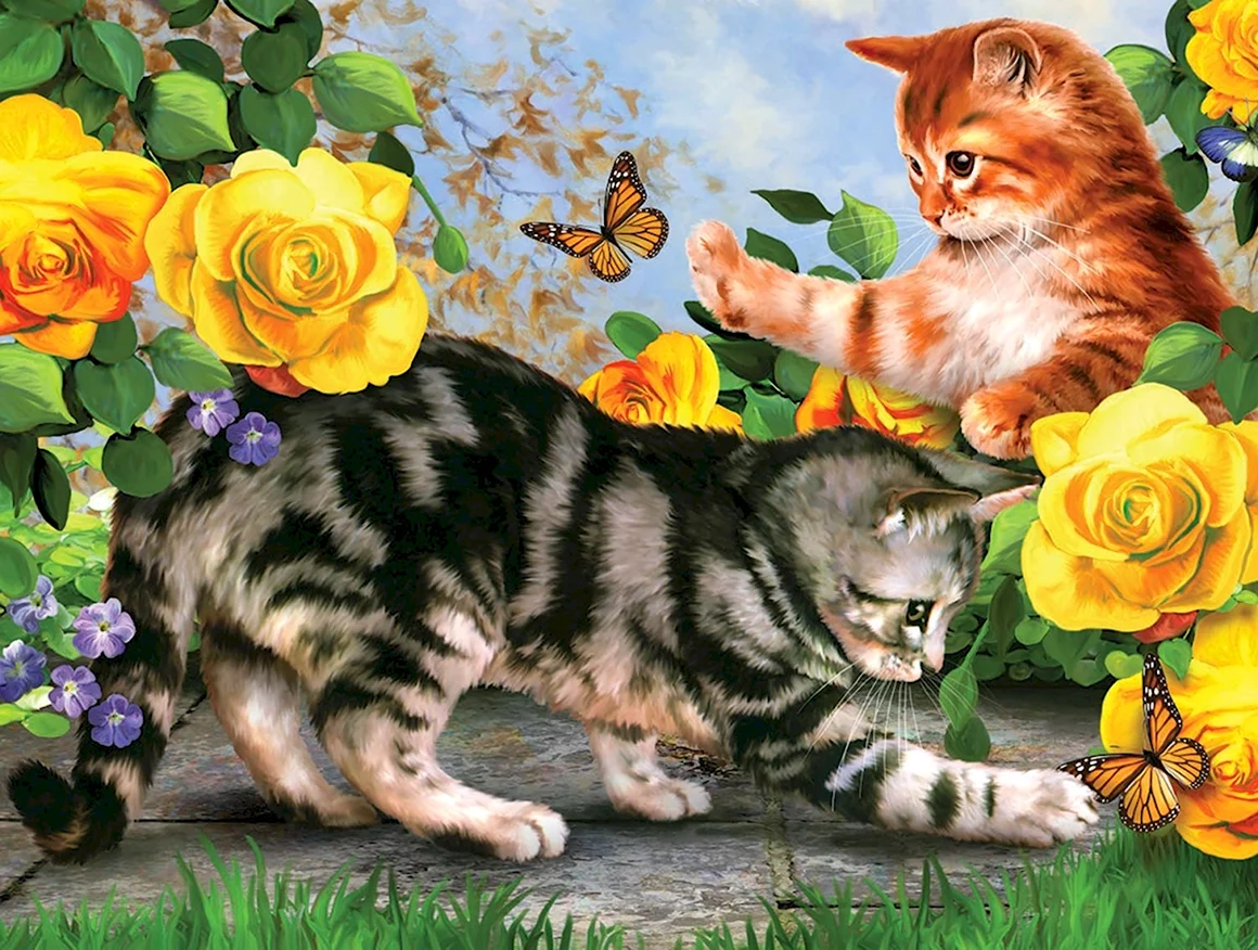 Котенок цветы и бабочки