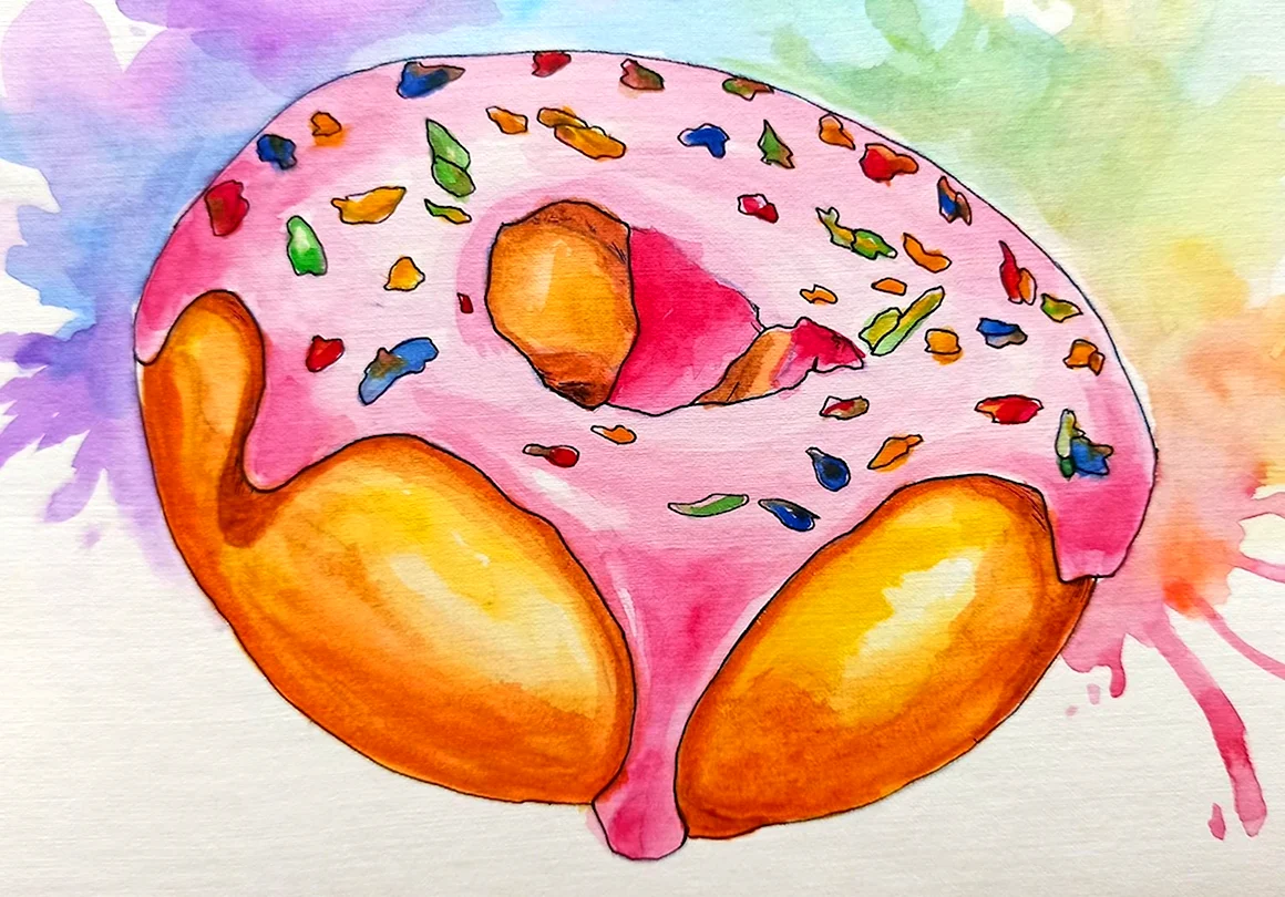 Пончики рисунок красками акварельными