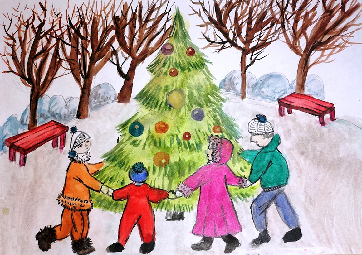 Рисование дети вокруг елки