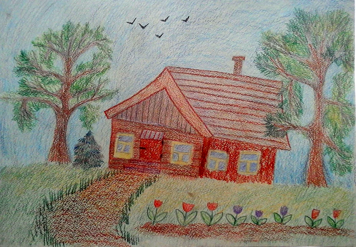 Сельский пейзаж цветными карандашами
