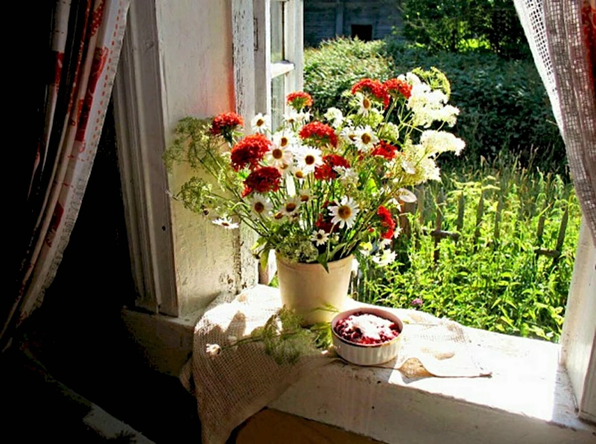 Цветы на окне в деревне