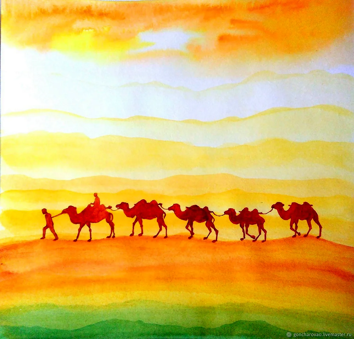 Живопись акрилом горы пустыня верблюд